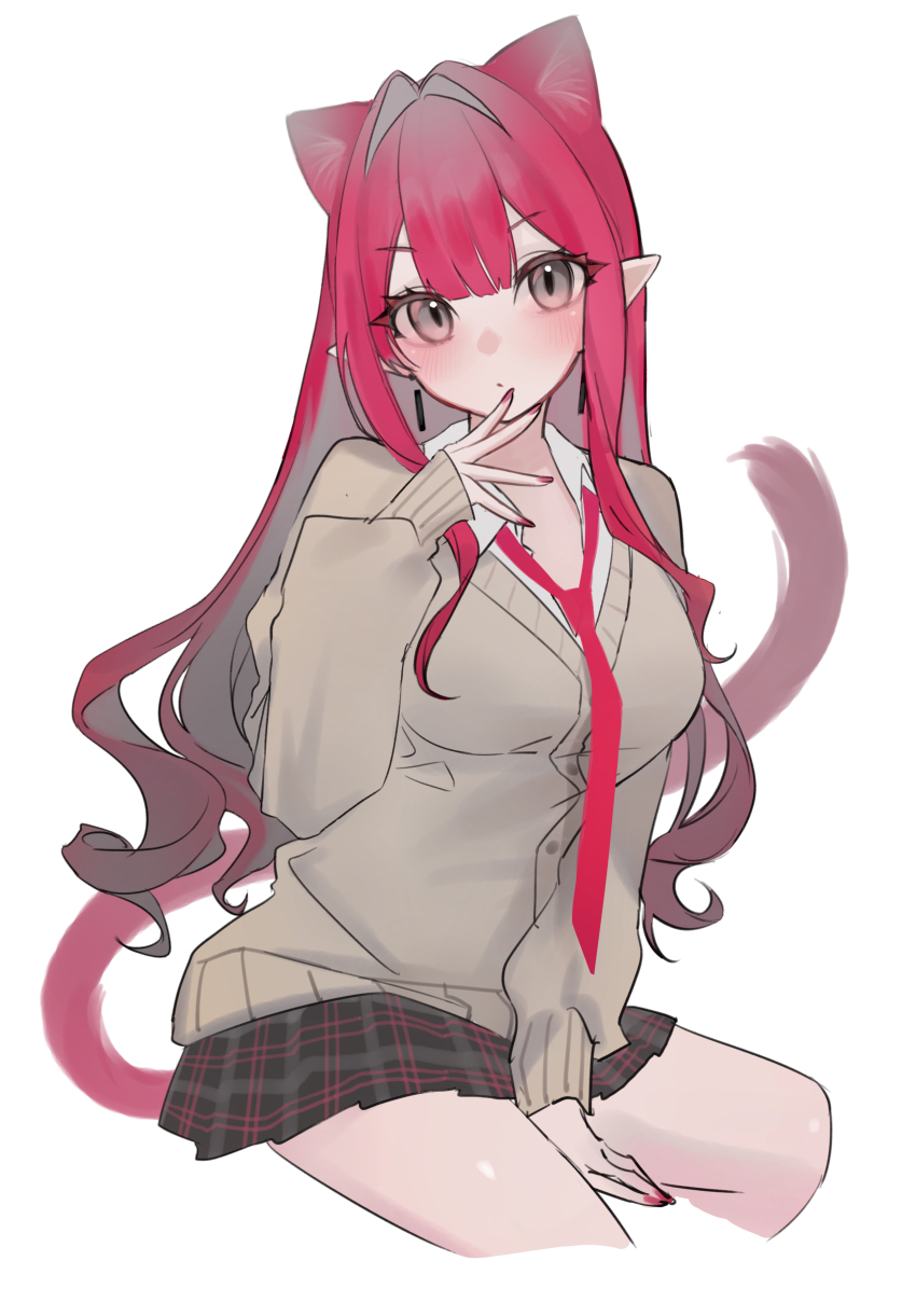 1girl absurdres animal_ears baobhan_sith_(fate) black_skirt blush breasts cat_ears cat_tail collared_shirt fate/grand_order fate_(series) grey_eyes grey_sweater hashtag-only_commentary highres large_breasts long_hair long_sleeves looking_at_viewer mikon_(nicknqme) necktie pink_hair pointy_ears shirt sidelocks skirt solo sweater tail thighs white_shirt