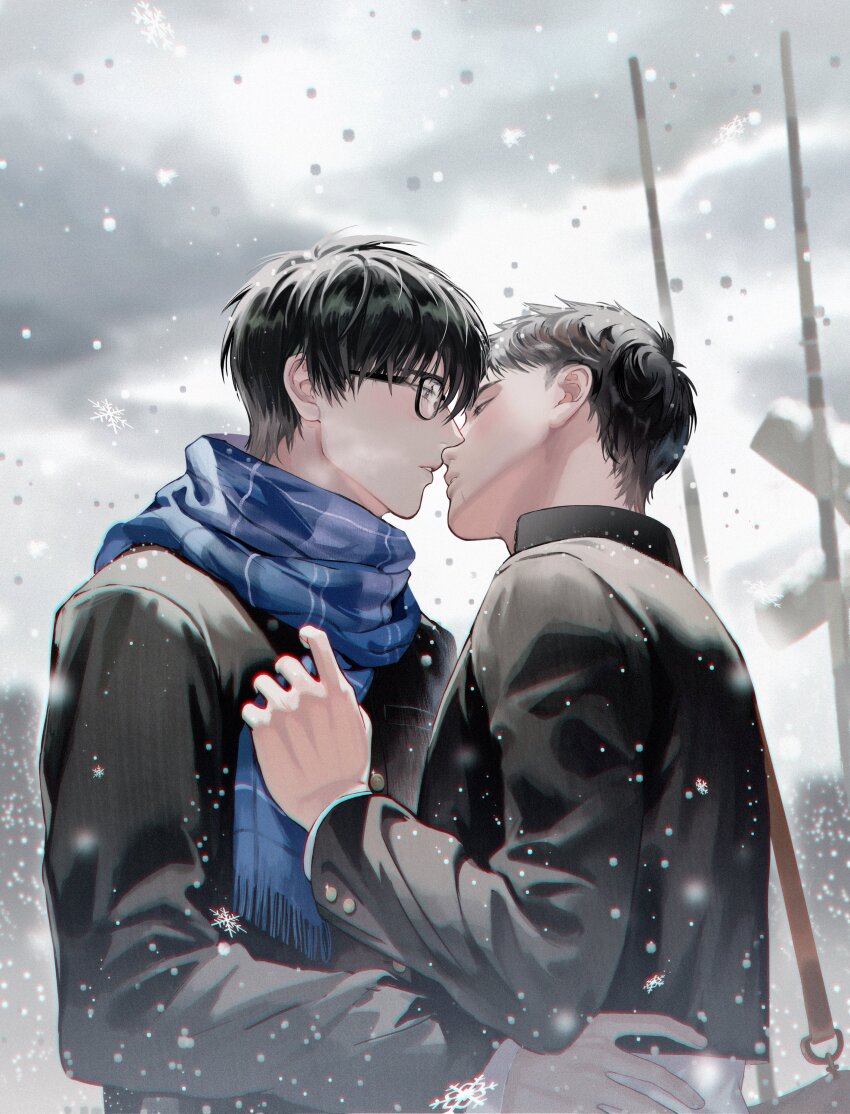 2boys absurdres bag black_eyes black_hair eyelashes gakuran glasses highres imminent_kiss long_sleeves looking_at_another male_focus mitsui_hisashi multiple_boys rin_(chenirin2) rukawa_kaede scarf school_uniform short_hair shoulder_bag slam_dunk_(series) snowflakes snowing upper_body winter yaoi
