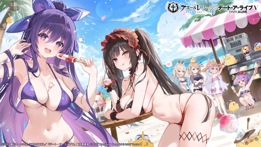 6+girls azur_lane bent_over bikini black_hair breasts cleavage clock_eyes curvy date_a_live food frilled_bikini frills hair_ribbon hairband heterochromia ice_cream large_breasts long_hair looking_at_viewer manjuu_(azur_lane) multiple_girls navel official_art popsicle promotional_art purple_bikini purple_eyes purple_hair purple_ribbon red_bikini red_eyes red_hairband red_ribbon ribbon sideboob smile stomach strap_pull swimsuit symbol-shaped_pupils thick_thighs thighs tokisaki_kurumi twintails underboob very_long_hair wide_hips yatogami_tohka yellow_eyes