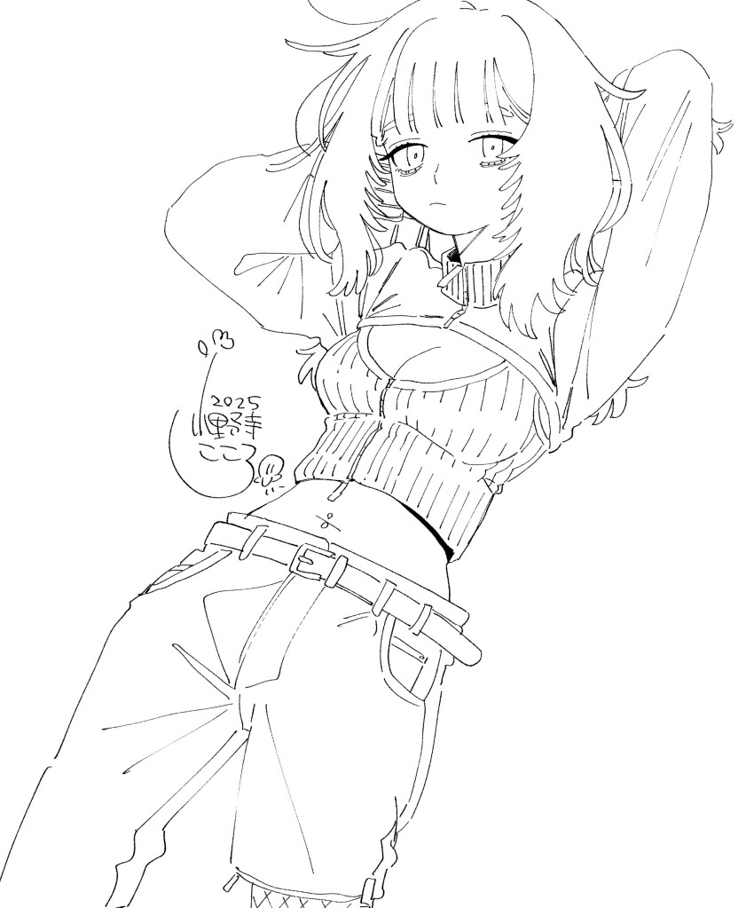 1girl absurdres belt belt_buckle breasts buckle cleavage cleavage_cutout closed_mouth clothing_cutout greyscale highres long_sleeves looking_at_viewer medium_breasts monochrome onodera_kokoro original pants signature solo