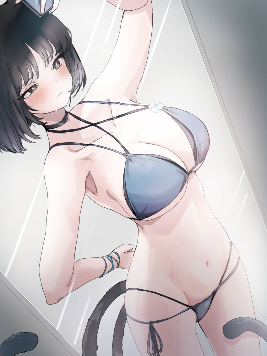1girl bare_arms bare_shoulders bikini black_hair blue_archive blue_bikini breasts cat_girl cat_tail cellphone cleavage grey_eyes highres holding holding_phone kikyou_(blue_archive) kikyou_(swimsuit)_(blue_archive) komena_(shinyday312) large_breasts mirror_selfie multiple_tails navel official_alternate_costume phone selfie smartphone solo stomach swimsuit tail two_tails