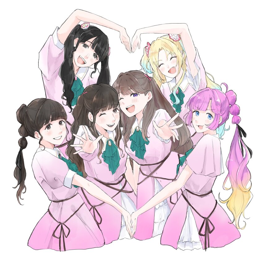 4th_live_dream_~bloom_the_dream_believers~ 6+girls :3 :d ;d ahoge animification anyoji_hime ascot black_hair blonde_hair blue_eyes blue_hair blunt_bangs blunt_sidelocks blush breasts brown_eyes brown_hair commentary_request curtained_hair dream_believers dress fang fangs flower flower_stand_art frilled_ascot frilled_dress frills fujishima_megumi gradient_hair green_ascot grey_eyes grin hair_flower hair_intakes hair_ornament heart_arms heart_arms_quartet highres kan_kanna kurusu_rin large_breasts link!_like!_love_live! long_hair love_live! mira-cra_park! mole mole_under_eye multi-tied_hair multicolored_hair multiple_girls one_eye_closed open_hand open_mouth osawa_rurino parted_bangs pink_dress pink_flower pink_hair ponytail purple_eyes real_life short_sleeves sidelocks simple_background smile teeth tsukine_kona twintails two_side_up upper_teeth_only v-shaped_eyebrows virtual_youtuber voice_actor voice_actor_connection white_background yam5565