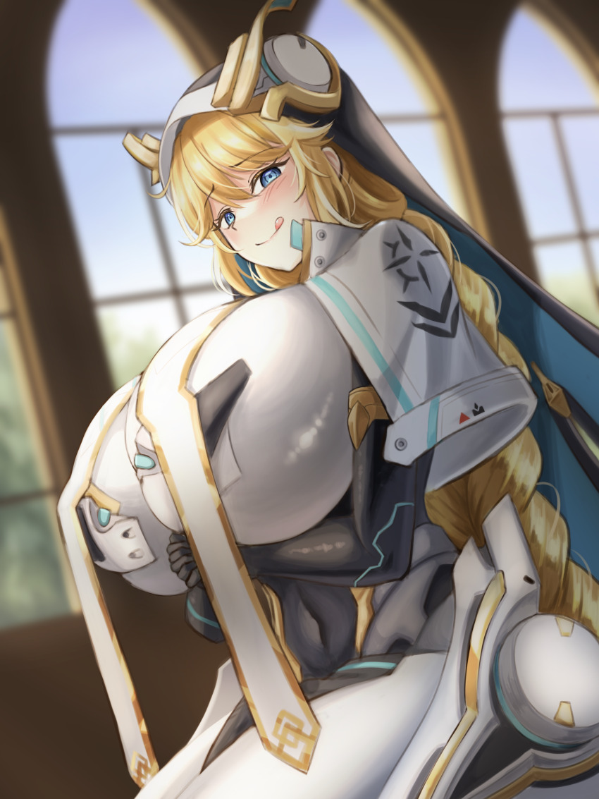 1girl absurdres alternate_breast_size black_gloves black_robe blonde_hair blue_eyes blush bodysuit boobplate braid breast_curtains breastplate breasts capelet chantatou-hwi commentary covered_navel dusk elbow_gloves gloves goddess_of_victory:_nikke habit hair_between_eyes hair_flaps highres huge_breasts indoors long_braid long_hair looking_at_viewer nun rapunzel_(nikke) robe seiza sidelocks sitting smile solo tongue tongue_out very_long_hair white_bodysuit white_capelet window