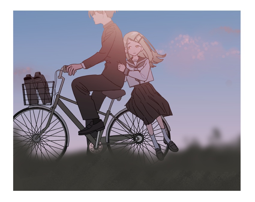 1boy 1girl absurdres bicycle bicycle_basket black-framed_eyewear black_hair black_jacket black_pants black_sailor_collar black_skirt blurry blurry_foreground border commentary_request depth_of_field dismal_poop flipped_hair from_side gakuen_idolmaster gakuran glasses grey_hair hetero highres holding holding_jacket holding_unworn_clothes idolmaster jacket long_hair neckerchief outdoors pants partial_commentary pleated_skirt riding riding_bicycle sailor_collar school_uniform serafuku shinosawa_hiro shirt skirt swept_bangs unworn_jacket white_border white_shirt