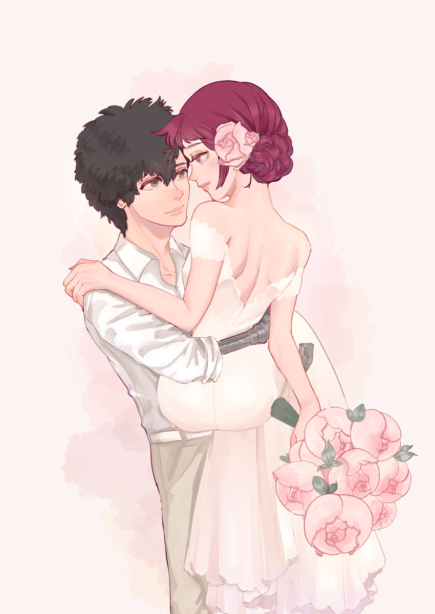1boy 1girl absurdres backless_dress backless_outfit bare_shoulders belt black_hair bouquet bride brown_eyes carrying closed_mouth collared_shirt couple cowboy_shot daryl_lorenz dress eye_contact eyeshadow flower grey_pants groom gundam gundam_thunderbolt hair_bun hair_flower hair_ornament hand_on_another&#039;s_shoulder hetero highres holding holding_bouquet husband_and_wife karla_mitchum looking_at_another makeup off-shoulder_dress off_shoulder open_collar orange_eyeshadow pants pink_background pink_flower princess_carry prosthesis prosthetic_arm purple_eyes purple_hair shirt short_hair short_sleeves simple_background smile watercolor_background wedding wedding_dress white_belt white_dress white_shirt wing_collar zisshi
