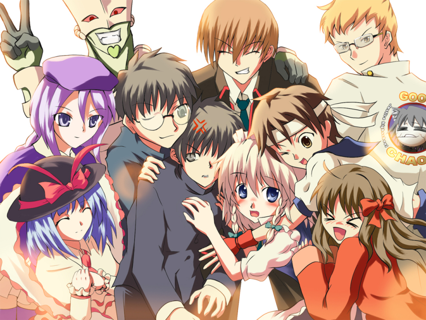 00s 4boys 5girls arima_miyako black_hair blue_hair brown_hair capcom character_request closed_eyes crossover glasses grin izayoi_sakuya jojo_no_kimyou_na_bouken justice_gakuen kagami_kyousuke kasugano_sakura m.u.g.e.n melty_blood multiple_boys multiple_girls nagae_iku nanaya_shiki necktie neco-arc_chaos purple_hair school_uniform short_hair sion_eltnam_(type-moon) sion_eltnam_atlasia smile source_request street_fighter the_world theta_(promotelas) tohno_shiki touhou tsukihime