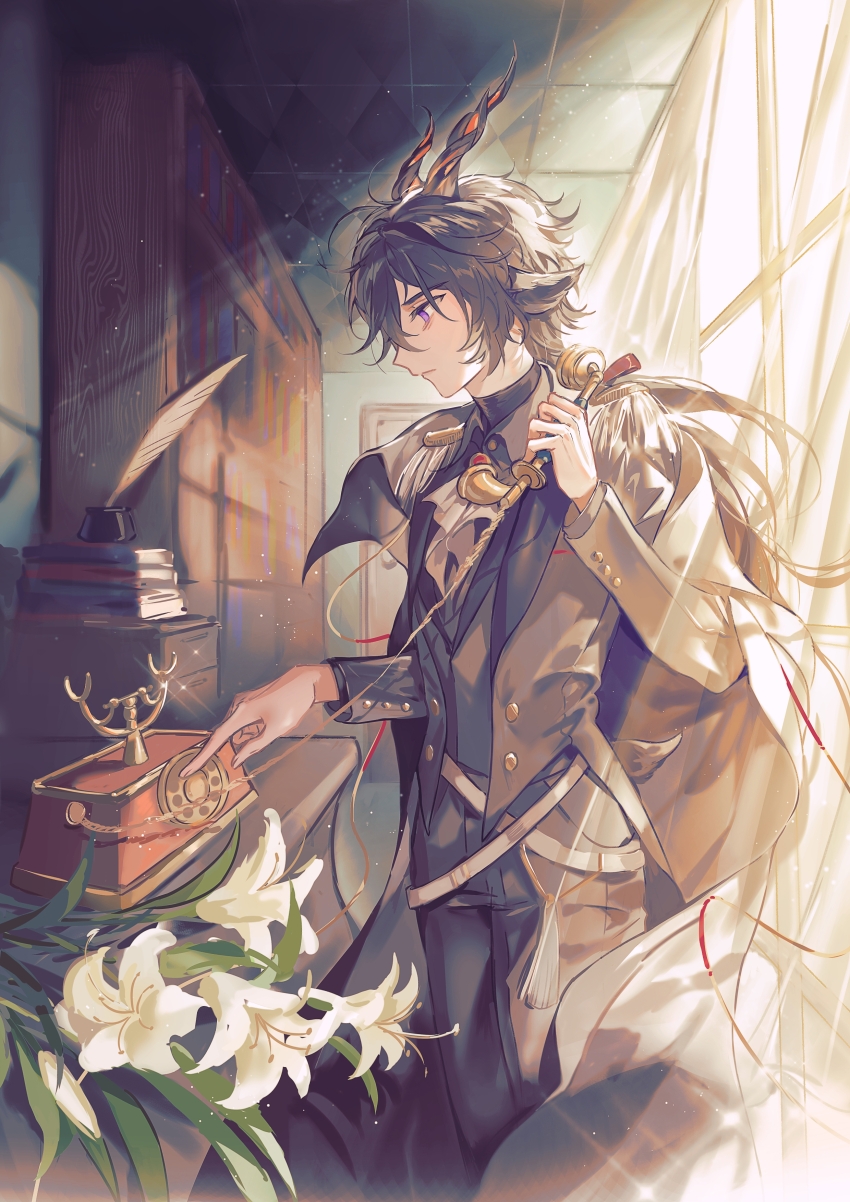 1boy absurdres animal_ears antique_phone arknights ascot black_cape black_hair black_jacket black_pants black_shirt black_undershirt bookshelf cape ceiling chinese_commentary collared_shirt commentary corded_phone curtains door ebenholz_(arknights) epaulettes feet_out_of_frame flower from_side hair_between_eyes highres holding holding_phone horns indoors inkwell jacket light_particles lily_(flower) male_focus pants phone profile purple_eyes quill rotary_phone shirt solo suit_jacket tail tile_ceiling tiles vest waistcoat white_ascot white_flower whiteziyanjun wind