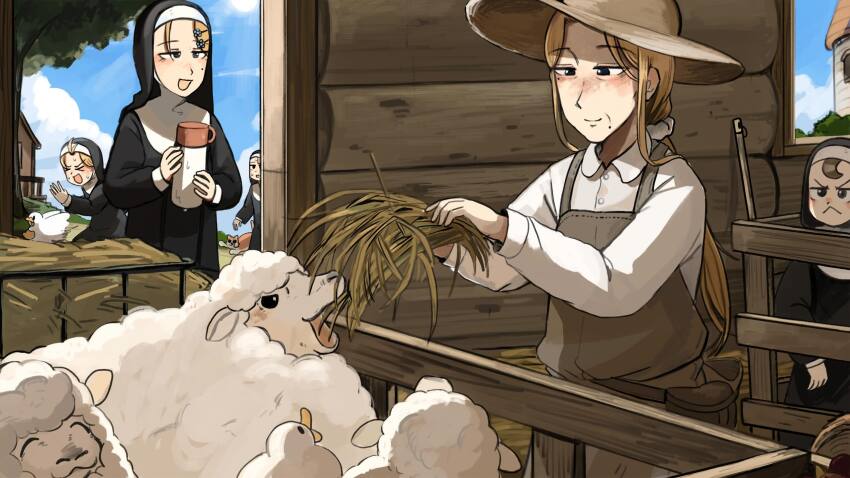 &gt;_&lt; 5girls :&lt; :d apron bird blonde_hair blue_eyes brown_eyes brown_hair cat chicken clumsy_nun_(diva) commentary diva_(hyxpk) duck english_commentary feeding froggy_nun_(diva) grey_apron grey_hat hat hay highres little_nuns_(diva) long_hair mole mole_on_cheek mole_under_mouth multiple_girls nun open_mouth sheep shirt smile spicy_nun_(diva) strict_nun&#039;s_mother_(diva) strict_nun_(diva) traditional_nun white_shirt
