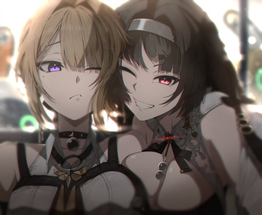 2girls absurdres arm_strap astra_yao astra_yao_(chandelier) bead_necklace beads black_choker black_hair black_ribbon blonde_hair blurry blurry_background breast_press breasts brooch cheek-to-cheek chest_harness choker cleavage cleavage_cutout closed_mouth clothing_cutout collared_shirt dress evelyn_chevalier glowing glowing_jewelry grin hairband harness heads_together highres hosun jewelry large_breasts long_hair looking_at_viewer mole mole_under_eye multiple_girls neck_ribbon necklace necktie official_alternate_costume one_eye_closed pearl_necklace purple_eyes red_eyes ribbon shirt short_hair sleeveless sleeveless_shirt smile tight_clothes uneven_bangs white_shirt yellow_necktie zenless_zone_zero