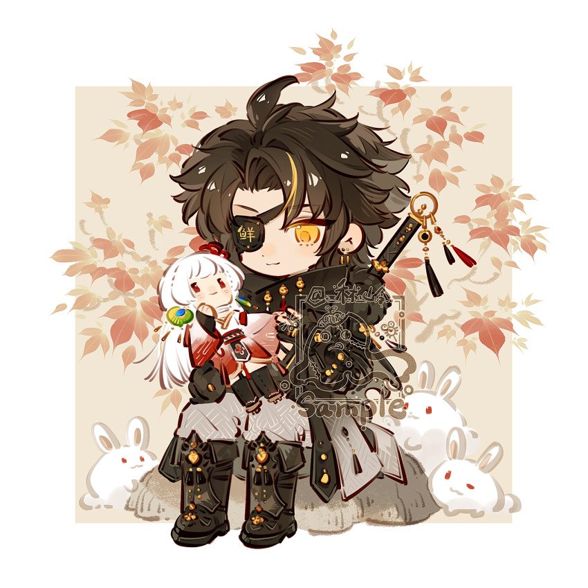 1boy :3 autumn_leaves black_boots black_coat black_gloves blonde_hair boots border character_doll chinese_commentary closed_mouth coat commission curtained_hair doll eyepatch fold-over_boots full_body fur-trimmed_coat fur_trim gloves grey_pants highres holding holding_doll leaf long_sleeves looking_at_object multicolored_hair on_rock original outside_border pants parted_bangs partially_fingerless_gloves print_pants procreate_(medium) rabbit sample_watermark sayagata short_hair shuling simple_background smile solo streaked_hair sword sword_on_back the_tale_of_food treasure_in_fish_(the_tale_of_food) tree watermark weapon weapon_on_back white_border yellow_background yellow_eyes yellow_gemstone