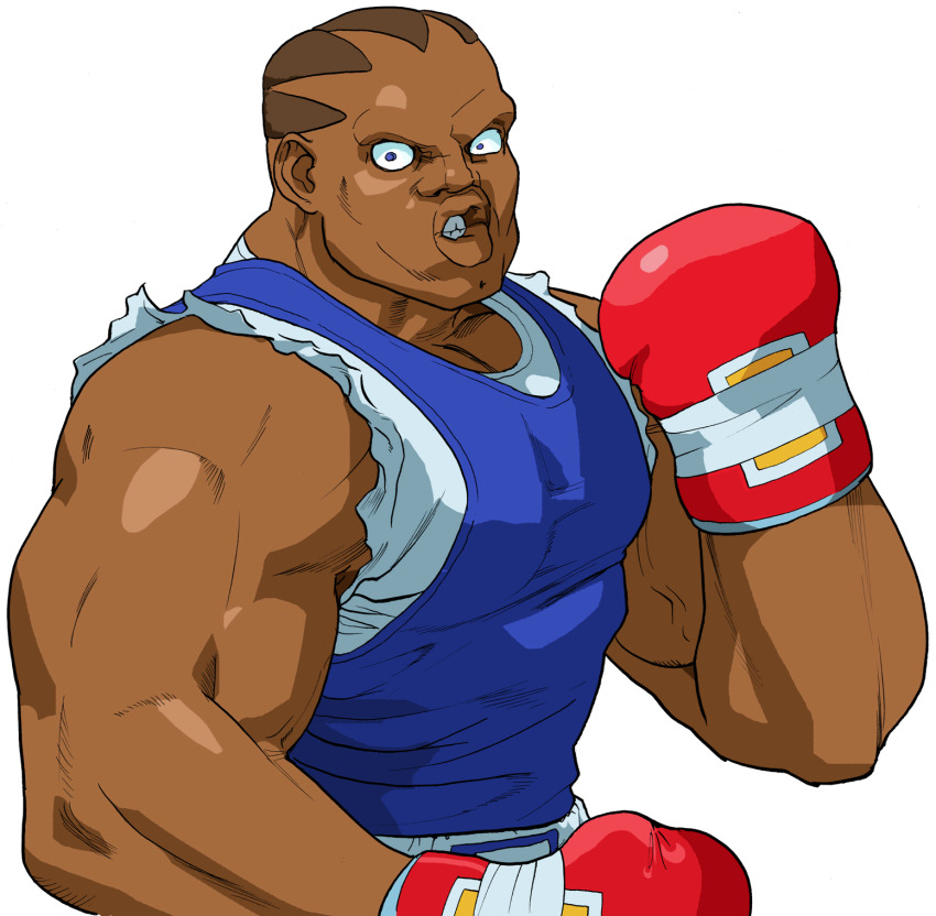 1boy angry balrog_(street_fighter) bengus black_hair boxing_gloves clenched_teeth dark-skinned_male dark_skin fighting_stance game_cg hand_up highres looking_at_viewer male_focus muscular muscular_male no_eyebrows non-web_source official_art open_mouth portrait short_hair shorts simple_background solo street_fighter street_fighter_zero_(series) tank_top teeth torn_clothes upper_body white_background