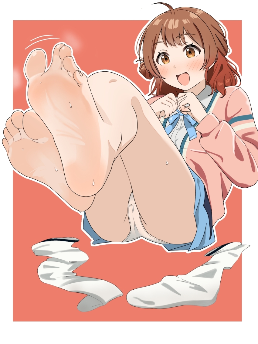 1girl barefoot blush brown_eyes brown_hair feet gakuen_idolmaster hanami_ume highres idolmaster long_hair open_mouth panties pantyshot smell socks soles steam sweat toes underwear unworn_socks white_socks yorunoudonya