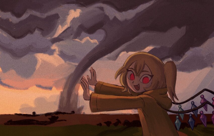 1girl alternate_costume blonde_hair cloud cloudy_sky crystal dark fang flandre_scarlet flandrepudding forced_perspective highres hood hoodie looking_at_viewer one_side_up red_eyes short_hair sky solid_circle_eyes solo tornado touhou upper_body wings yellow_hoodie
