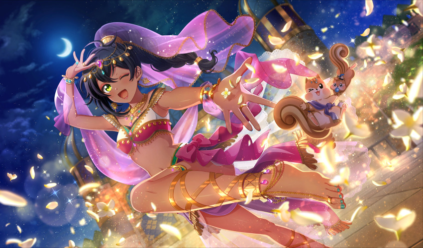 1girl ;d akino_komugi arabian_clothes arm_up black_hair blurry bracer braid braided_ponytail cinderella_series cloud depth_of_field dutch_angle falling_petals foot_out_of_frame game_cg green_eyes hachigatsu_no_cinderella_nine harem_outfit high_ponytail highres long_hair looking_at_viewer navel night night_sky non-web_source official_alternate_hairstyle official_art one_eye_closed open_mouth outdoors outstretched_arm petals pink_veil ponytail sky smile solo sparkle squirrel tile_floor tiles veil white_petals