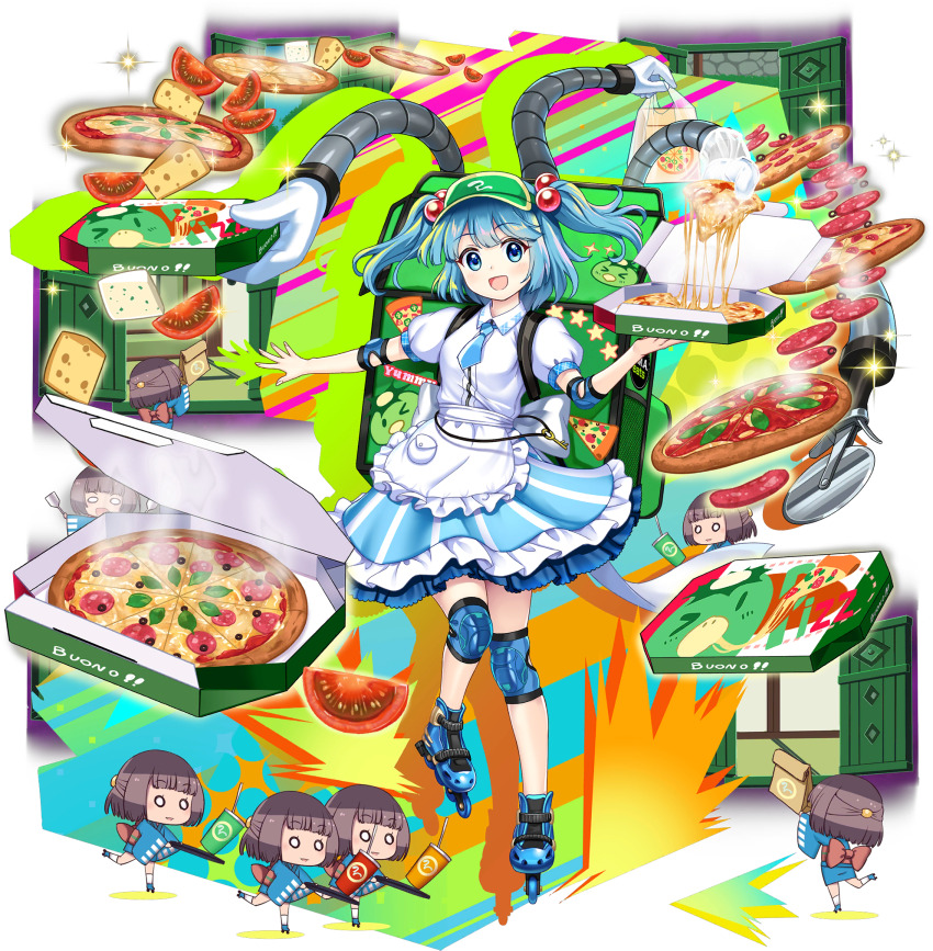 6+girls adapted_costume alternate_costume apron back_bow backpack bag blue_eyes blue_hair blue_necktie blue_skirt blunt_bangs blunt_ends blush bow box cheese collared_shirt cup delivery drinking_straw elbow_pads food frilled_apron frilled_skirt frills game_cg gloves green_bag green_hat hat highres holding holding_box holding_tray inline_skates insulated_delivery_bag kappa kawashiro_nitori kawashiro_nitori_(hot_pizza_delivery) key knee_pads looking_at_viewer mechanical_arms multiple_girls necktie official_art open_mouth pepperoni pizza pizza_box pizza_delivery pizza_slice plastic_bag pocket puffy_short_sleeves puffy_sleeves roller_skates rotte_(1109) shirt short_hair short_necktie short_sleeves silhouette skates skirt smile striped_clothes striped_skirt third-party_source tomato tomato_slice touhou touhou_lostword transparent_background tray two-tone_skirt two_side_up visor_cap waist_apron white_apron white_bow white_gloves white_shirt white_skirt
