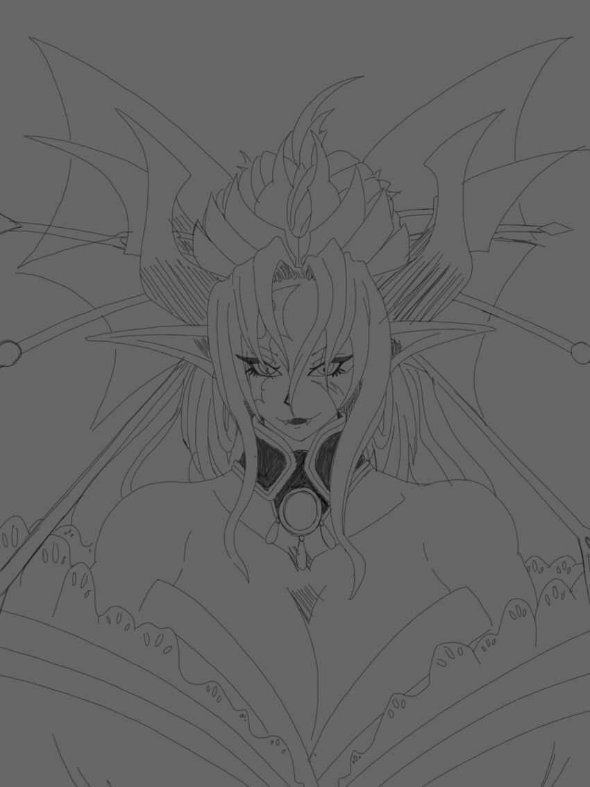 demon demon_girl digimon digimon_(creature) fallen_angel highres lilithmon lilithmon_x-antibody lipstick makeup mark_of_evil monochrome original sketch wings