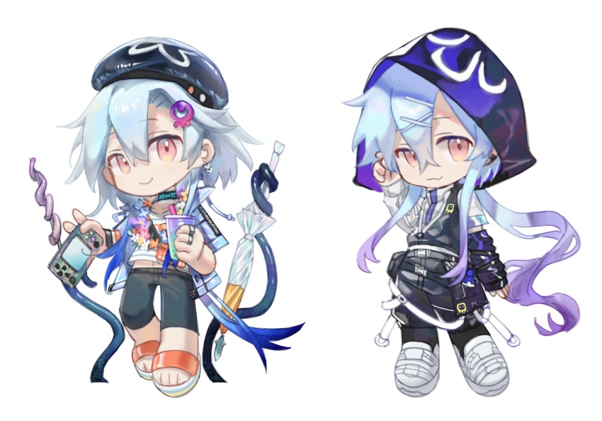 1boy :3 ambience_synesthesia arknights black_arm_warmers black_hat black_pants black_vest blue_hair closed_mouth cup deformed earrings gradient_hair hair_between_eyes hair_ornament hairclip handheld_game_console hat highres holding holding_cup holding_handheld_game_console hood hood_up hooded_vest hoodie huidu jellyfish_hair_ornament jewelry long_hair male_focus mizuki_(ambience_synesthesia)_(arknights) mizuki_(arknights) mizuki_(summer_feast)_(arknights) multicolored_hair official_alternate_costume pants purple_hair red_eyes red_sandals ring sandals shirt shoes simple_background smile sneakers two-tone_hair umbrella vest white_background white_shirt white_shoes x_hair_ornament
