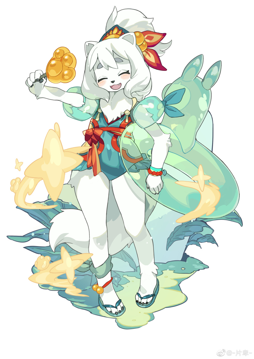 1girl :3 ^_^ absurdres animal_ears animal_hands animal_nose anklet arm_at_side arm_up blue_one-piece_swimsuit blue_sandals blush blush_stickers body_fur bracelet claws closed_eyes fang feet female_focus fini_(world_flipper) flat_chest food frilled_one-piece_swimsuit frills full_body furry furry_female green_ribbon hair_bobbles hair_ornament happy high_ponytail highres holding holding_food holding_popsicle holding_swim_ring inflatable_armbands innertube jewelry leg_ribbon legs magiace medium_hair neck_fur one-piece_swimsuit open_mouth outstretched_arm pawpads ponytail popsicle red_ribbon ribbon sandals sidelocks simple_background smile solo sparkle standing swim_ring swimsuit tail thick_eyebrows thighs transparent watermark weibo_watermark white_background white_fur white_hair world_flipper