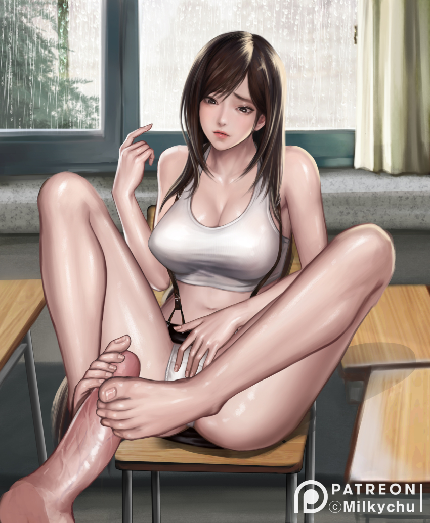 1girl absurdres barefoot black_skirt breasts brown_eyes brown_hair chair cleavage clothes_lift desk feet final_fantasy final_fantasy_vii footjob highres large_breasts long_hair miniskirt panties pantyshot pencil_skirt sitting skirt skirt_lift square_enix suspenders tank_top tifa_lockhart tight_skirt toes underwear white_panties white_tank_top