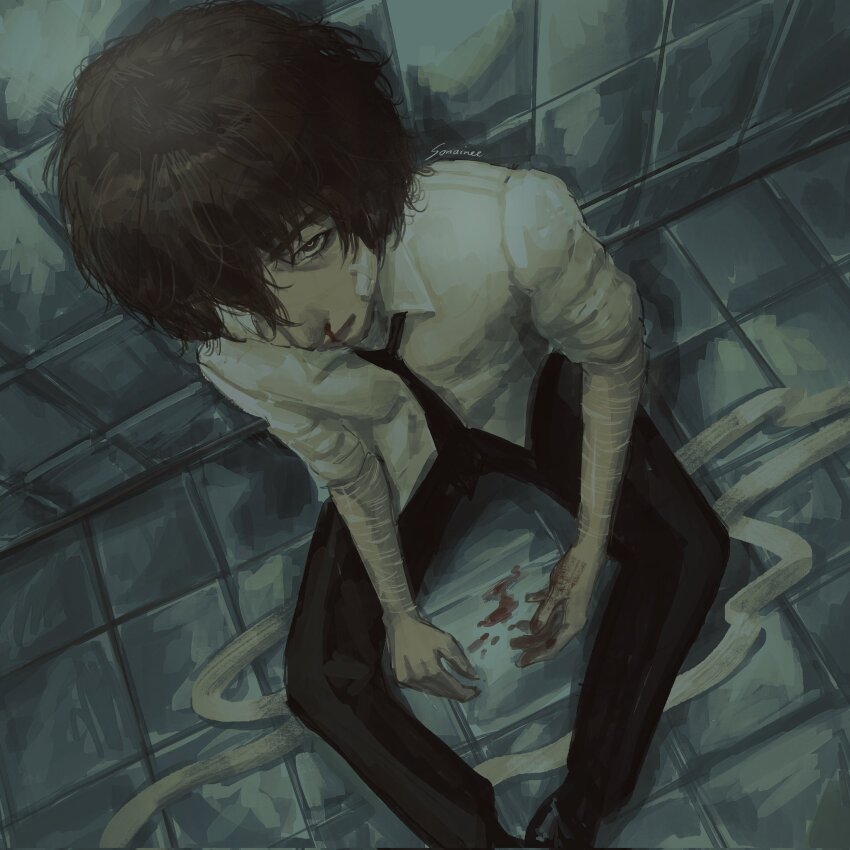 1boy bandage_on_face bandages black_eyes black_necktie blood blood_on_ground blood_on_hands brown_hair bungou_stray_dogs collared_shirt dazai_osamu_(bungou_stray_dogs) from_above hair_over_one_eye highres looking_at_viewer male_focus multiple_scars muted_color necktie nosebleed on_ground scar scar_on_arm shirt short_hair sitting sleeves_rolled_up solo sonaireeart tile_floor tile_wall tiles upper_body white_shirt wrist_cutting