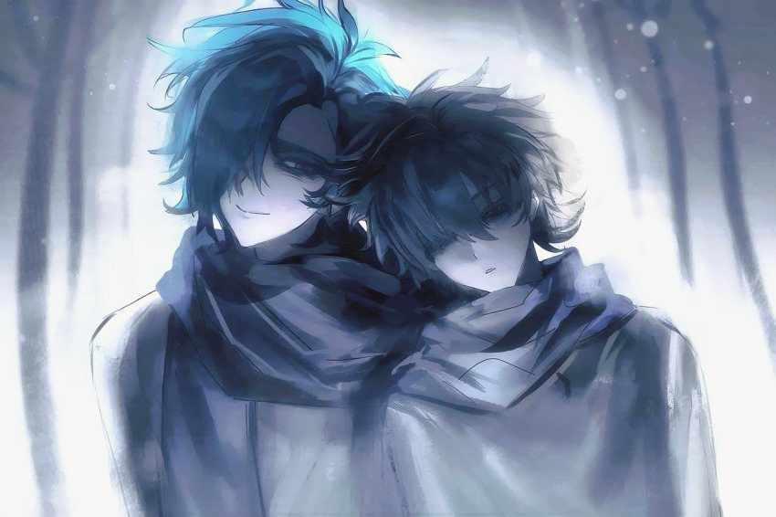 1boy 1girl bare_tree blue_theme brother_and_sister closed_mouth commentary hair_between_eyes hair_over_one_eye head_on_another&#039;s_shoulder kimi_ga_shine monochrome moyu_shuang outdoors scarf shared_clothes shared_scarf short_hair siblings smile tree winter yabusame_alice yabusame_reko