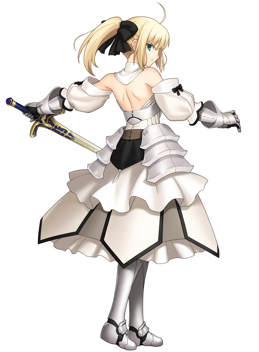 1girl absurdres ahoge armor armored_boots armored_dress artoria_pendragon_(fate) backless_outfit bare_back bare_shoulders black_bow black_gloves blonde_hair boots bow breastplate caliburn_(fate) closed_mouth detached_sleeves dress fate/unlimited_codes fate_(series) from_behind frown full_body gauntlets gloves green_eyes hair_bow highres higurashi_ryuuji holding holding_sword holding_weapon looking_at_viewer looking_back official_art outstretched_arms parody ponytail protected_link psd_available saber_lily second-party_source simple_background sleeveless sleeveless_dress solo standing style_parody sword takeuchi_takashi_(style) transparent_background v-shaped_eyebrows weapon white_dress white_sleeves
