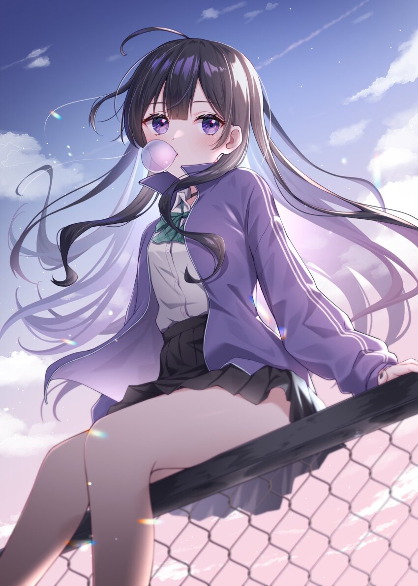 1girl ahoge bare_legs black_choker black_hair black_skirt blowing_bubbles chain-link_fence choker colored_inner_hair dress_shirt feet_out_of_frame fence highres indie_virtual_youtuber jacket long_hair long_sleeves looking_at_viewer lyue miniskirt multicolored_hair open_clothes open_jacket outdoors pleated_skirt purple_eyes purple_jacket shirt shirt_tucked_in sitting skirt solo thighs toki_(toki_ship8) virtual_youtuber white_shirt