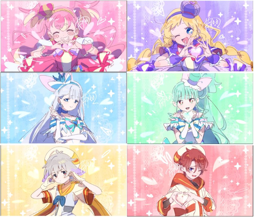 2boys 4girls ^_^ animal_ears antenna_hair aqua_bow aqua_bowtie aqua_hair bare_shoulders beret black_shirt blonde_hair blue_background blue_bow blue_brooch blue_choker blue_crown blue_eyes blue_neckerchief blue_sleeves blunt_bangs blush_stickers bow bow_choker bow_earrings bowtie bright_pupils brooch brown_eyes capelet choker closed_eyes closed_mouth commentary_request crown crown_earrings cure_friendy cure_lillian cure_nyammy cure_wonderful dated deerstalker dress earrings eyelashes fake_screenshot fingernails floppy_ears frilled_arm_warmers frilled_headwear frilled_sleeves frilled_wrist_cuffs frills gloves green_background grey_hair grin hair_bow hairband hand_on_own_elbow hands_on_own_cheeks hands_on_own_face hat hat_ornament heart heart_brooch heart_hands heart_hat_ornament high_side_ponytail highres inukai_iroha inukai_komugi jewelry large_bow layered_sleeves long_hair looking_at_viewer low_twintails magical_boy magical_girl mini_crown mini_hat mini_top_hat multicolored_background multicolored_hair multiple_boys multiple_girls neckerchief nekoyashiki_mayu nekoyashiki_yuki off-shoulder_dress off_shoulder one-eyed one_eye_closed orange_sleeve_cuffs parted_lips paru_rari pink_background pink_bow pink_brooch pink_dress pink_hair pink_wrist_cuffs pocket precure puffy_short_sleeves puffy_sleeves purple_background purple_bow purple_bowtie purple_capelet purple_dress purple_eyes purple_hairband purple_hat purple_wrist_cuffs rabbit_ears red_background red_crown robe sailor_collar shirt short_dress short_hair short_sleeves sidelocks signature single_stripe smile snapping_fingers sparkle streaked_hair striped_bow striped_bowtie striped_clothes striped_sleeve_cuffs striped_tail tail top_hat toyama_daifuku toyama_satoru turtleneck turtleneck_shirt twintails two_side_up upper_body very_long_hair white_arm_warmers white_bow white_dress white_gloves white_hat white_pupils white_robe white_shirt white_sleeves wonderful_precure! wrist_cuffs yellow_background yellow_bow yellow_bowtie yellow_hairband yellow_pupils yellow_sailor_collar
