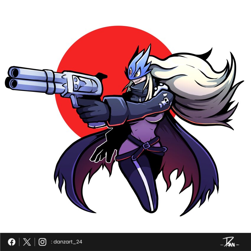 beelstarmon black_coat black_gloves black_pants black_shirt blonde_hair breasts coat cowboy_shot crop_top danzart_24 digimon digimon_(creature) gloves gun handgun heterochromia highres holding holding_gun holding_weapon large_breasts long_hair pants red_eyes revolver shirt simple_background solo third_eye underboob weapon white_background yellow_eyes