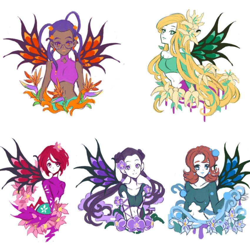 5girls cornelia_hale dark_skin flower hay_lin highres irma_lair looking_at_viewer multiple_girls smile taranee_cook w.i.t.c.h. will_vandom wings