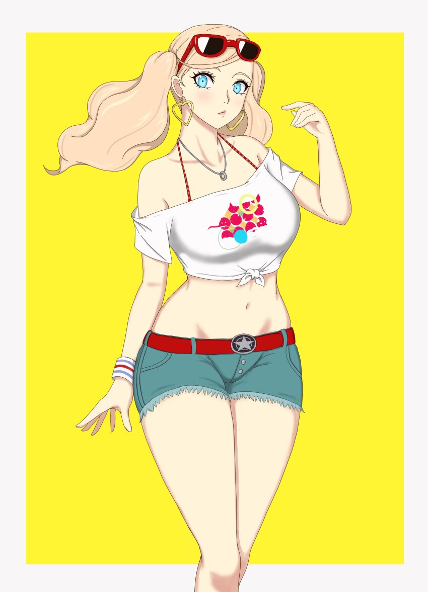 1girl absurdres belt blonde_hair blue_eyes blue_shorts border breasts cleavage collarbone crop_top denim denim_shorts earrings eyewear_on_head hand_up heart heart_earrings highres hoop_earrings jewelry large_breasts long_hair looking_at_viewer midriff nahone_peko navel necklace persona persona_5 persona_5_scramble:_the_phantom_strikers red_belt shirt short_shorts shorts solo stomach sunglasses takamaki_anne tied_shirt twintails white_border wristband yellow_background