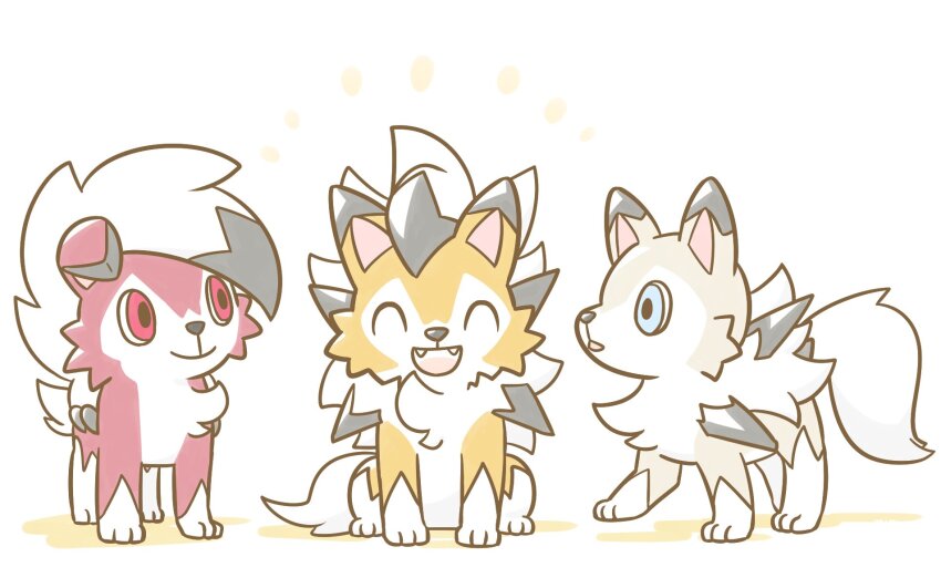 773mimisuke animal_focus blue_eyes closed_eyes closed_mouth gen_7_pokemon highres lycanroc lycanroc_(dusk) lycanroc_(midday) lycanroc_(midnight) nintendo no_humans pokemon pokemon_(creature) red_eyes rockruff sitting smile spikes white_background white_hair wolf