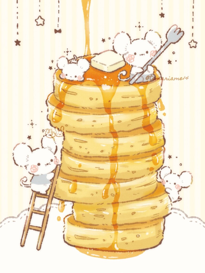 artist_name black_eyes blush butter climbing_ladder commentary_request dripping food fork highres holding holding_fork ladder looking_at_viewer maple_syrup maushold maushold_(family_of_four) nintendo no_humans pancake pancake_stack pokemon pokemon_(creature) simple_background sitting solid_circle_eyes standing star_(symbol) striped_background syrup temariame14 twitter_username white_background yellow_background