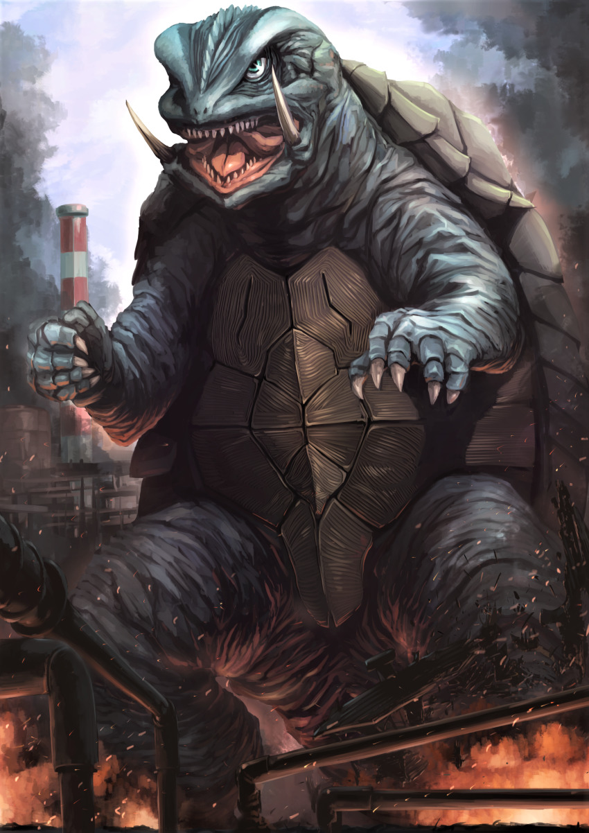 dai_toro daiei_film destruction embers epic fire gamera gamera:_guardian_of_the_universe gamera_(series) giant giant_monster green_eyes highres industrial_pipe kaiju monster no_humans oil_refinery retro_artstyle sea_monster smoke turtle tusks