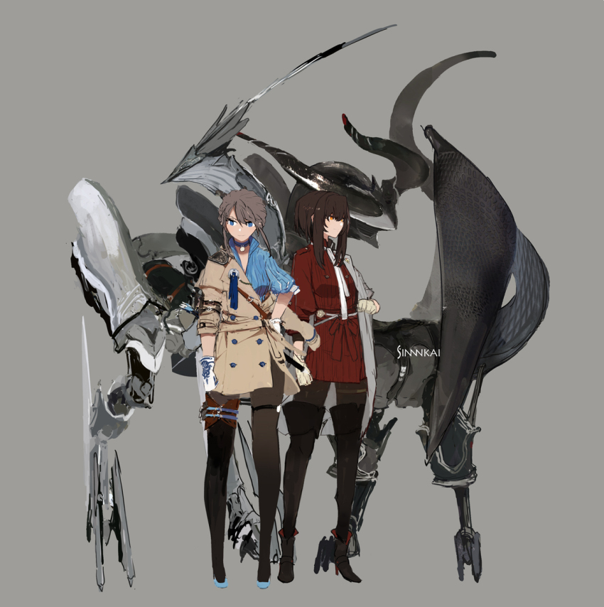 2girls arm_belt bell belt belt_buckle black_belt black_footwear black_pantyhose black_thighhighs blue_belt blue_choker blue_eyes blue_footwear blue_shirt boots bow bracelet brown_belt brown_coat brown_gloves brown_hair buckle buttons choker closed_mouth coat coat_partially_removed collared_coat collared_shirt commentary_request creature double-breasted dress elbow_gloves full_body gloves grey_background grey_coat grey_pantyhose hair_between_eyes hand_on_own_hip high_collar high_heel_boots high_heels highres jewelry lapel_pin lapels long_sleeves looking_ahead multiple_belts multiple_girls neck_bell neckerchief orange_eyes original pantyhose peaked_lapels pointy_footwear puffy_short_sleeves puffy_sleeves red_bow red_dress shirt short_dress short_hair_with_long_locks short_sleeves siirakannu simple_background smile standing thigh_belt thigh_strap thighhighs vertical-striped_sleeves waist_bow white_gloves white_neckerchief