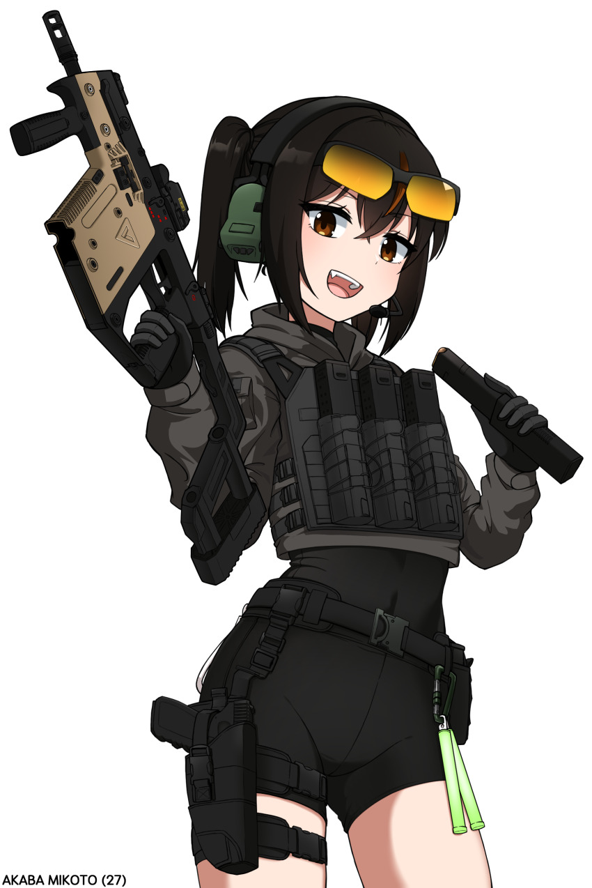 1girl absurdres bamiko_(nanju_bami) black_gloves brown_eyes brown_hair bulletproof_vest glock gloves grey_panties gun hair_between_eyes handgun headset highres holding holding_gun holding_weapon kriss_vector looking_at_viewer medium_hair military_combat_uniform military_uniform multicolored_hair nanju_bami original panties short_shorts shorts simple_background submachine_gun thighs twintails two-tone_hair underwear weapon white_background