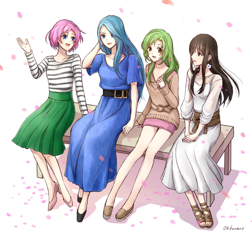 4girls alternate_costume astrid_(fire_emblem) black_hair blue_dress blue_hair dress earrings elincia_ridell_crimea fire_emblem fire_emblem:_path_of_radiance green_hair jewelry long_hair long_skirt lucia_(fire_emblem) marcia_(fire_emblem) multiple_girls nintendo okfanart on_bench pink_hair skirt