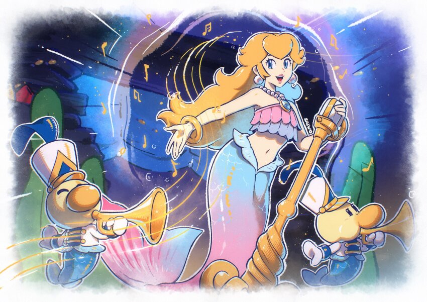 1girl 2others artist_name band_uniform bikini bikini_top_only blonde_hair blue_bikini blue_eyes blue_hat bracelet brooch closed_eyes earrings gloves gold_bracelet gold_buttons gold_trim hat highres instrument jacket jewelry layered_bikini long_hair mario_(series) mermaid mermaid_peach monster_girl multiple_others musical_note navel necklace nintendo official_alternate_costume open_mouth pearl_earrings pearl_necklace pink_bikini pink_lips plume princess_peach princess_peach:_showtime! saiwo_(saiwoproject) shako_cap sphere_earrings strapless strapless_bikini swimsuit theet_(peach) trumpet two-tone_hat white_gloves white_hat white_jacket
