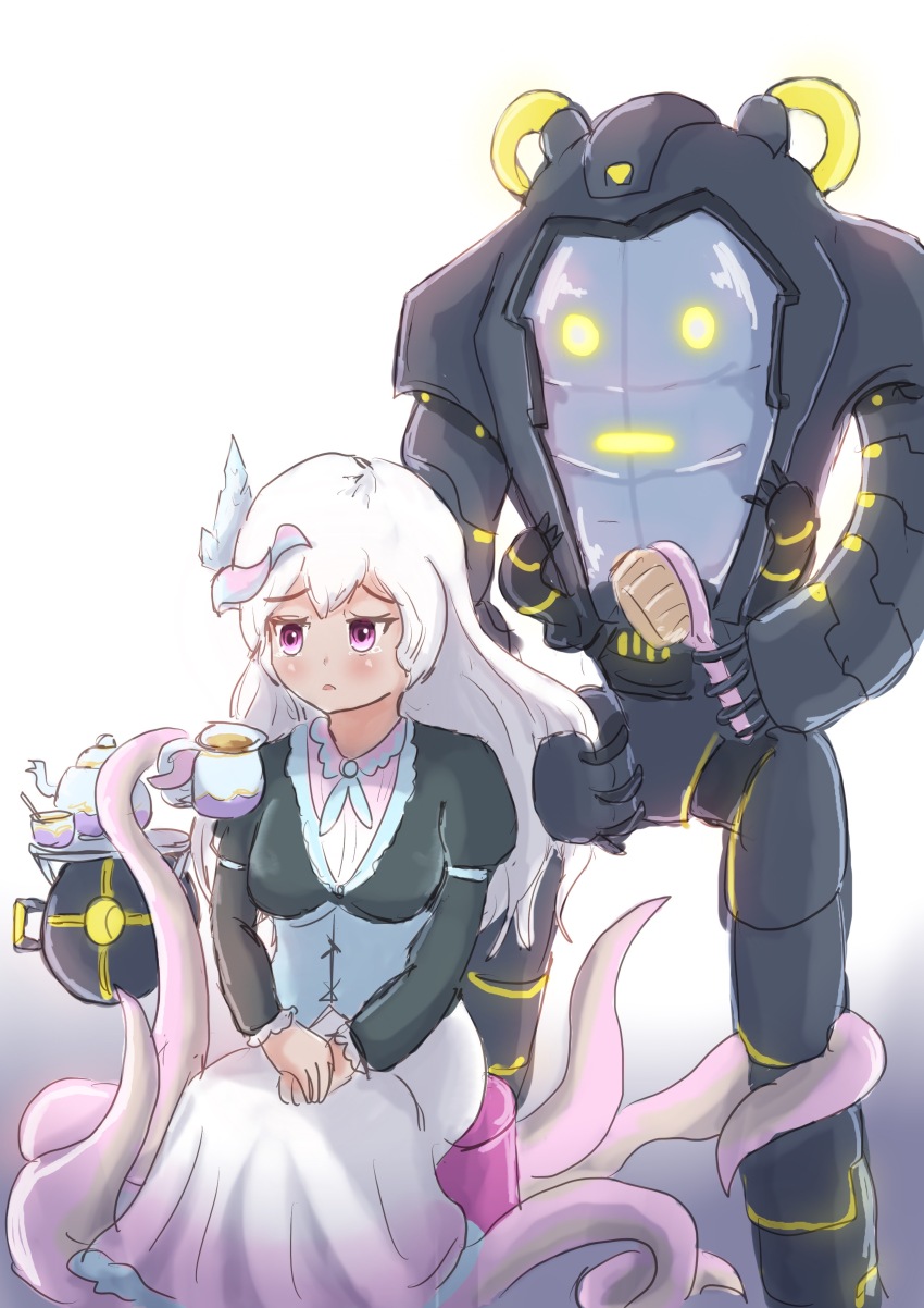 1girl absurdres alien black_shrug cup dress hair_brush hair_ornament highres humanoid_robot long_hair machine mahapapaya pink_eyes robot shrug_(clothing) simple_background stellaris_(game) stool tea teacup teapot tearing_up tentacles textless_version white_background white_dress white_hair