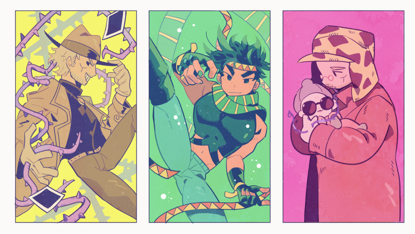 baby battle_tendency beard black_hair boots crop_top diamond_wa_kudakenai facial_hair fingerless_gloves fur_hat glasses gloves gogeyama green_hair green_scarf grey_hair hat headband hermit_purple high_kick highres jojo_no_kimyou_na_bouken joseph_joestar joseph_joestar_(old) joseph_joestar_(young) kicking long_coat male_focus midriff multiple_persona old old_man pectorals photo_(object) plant scarf shizuka_joestar stardust_crusaders striped_clothes striped_scarf sunglasses thorns triangle_print ushanka vines
