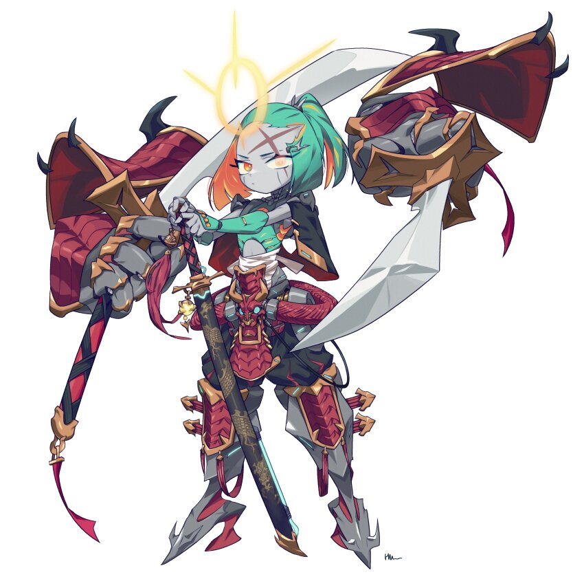 1girl absurdres aiming aiming_at_viewer aqua_hair armor bob_cut colored_inner_hair colored_skin cross_scar dot_nose dual_wielding facial_scar flat_chest floating_armor floating_arms glowing glowing_eye grey_skin hamma heterochromia high_ponytail highres holding holding_sword holding_weapon huge_weapon japanese_armor leaning_on_weapon looking_at_viewer mecha_musume mint_star_(hamma) multicolored_eyes multicolored_hair orange_hair original pointing_melee_weapon pointing_sword ponytail scar scar_across_eye scar_on_cheek scar_on_face scar_on_forehead sideways_glance sigil signature simple_background solo sword symbol_in_eye weapon white_background