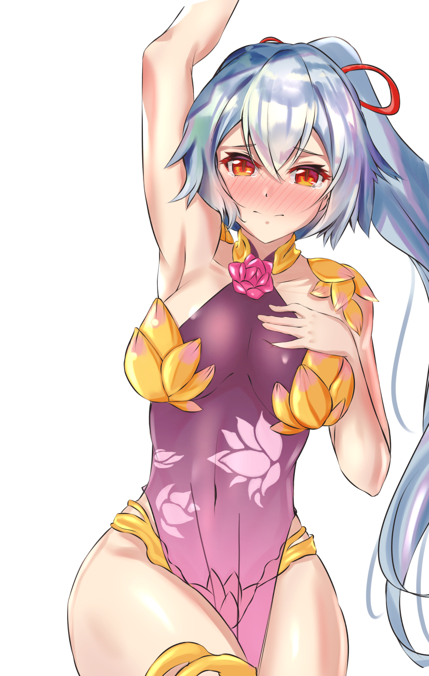 1girl absurdres arm_up armor armpits bikini_armor blush breasts closed_mouth collar collarbone cosplay dress fate/grand_order fate_(series) female_focus floral_print flower hair_between_eyes hair_ribbon hand_on_own_chest highres jewelry kama_(fate) kama_(fate)_(cosplay) kama_(second_ascension)_(fate) large_breasts long_hair looking_at_viewer lotus metal_collar pelvic_curtain ponytail purple_dress red_eyes red_ribbon ribbon silver_hair simple_background solo thighlet tomoe_gozen_(fate) white_background yahan_(mctr5253)