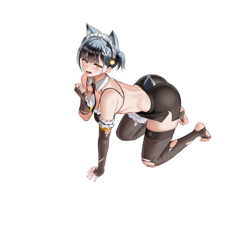 1girl all_fours anchor_hair_ornament animal_ear_fluff animal_ears ass bikini black_bikini black_hair black_necktie black_skirt blush breasts brown_gloves brown_thighhighs collar defeat detached_collar dog_ears dog_girl dog_tail elbow_gloves fang fingerless_gloves frilled_bikini frilled_gloves frilled_thighhighs frills full_body game_cg gloves hair_ornament hand_on_ground highres injury last_origin looking_at_viewer looking_up maid maid_bikini maid_headdress median_furrow medium_breasts miniskirt multicolored_necktie necktie o-ring o-ring_top official_alternate_costume official_art open_mouth pencil_skirt short_hair short_necktie short_twintails side_slit simple_background skindentation skirt slit_pupils solo swimsuit tachi-e taesi tail tearing_up thick_eyebrows thighhighs third-party_source tongue torn_clothes torn_gloves torn_thighhighs transparent_background twintails unconventional_maid vargr_(last_origin) white_collar white_necktie yellow_eyes yellow_necktie