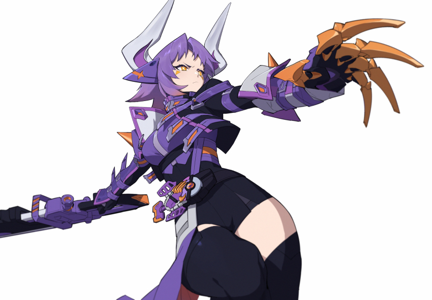 1girl armor black_thighhighs bodysuit breastplate chainsaw claw_(weapon) cowboy_shot desire_driver rider_belt frown gauntlets genderswap genderswap_(mtf) goz-zz highres holding holding_weapon horns kamen_rider kamen_rider_buffa kamen_rider_geats_(series) purple_hair raise_buckle rider-tan short_hair shoulder_armor simple_background solo spikes symbol-shaped_pupils thighhighs weapon white_background x-shaped_pupils yellow_eyes zombie zombie_breaker zombie_buckle