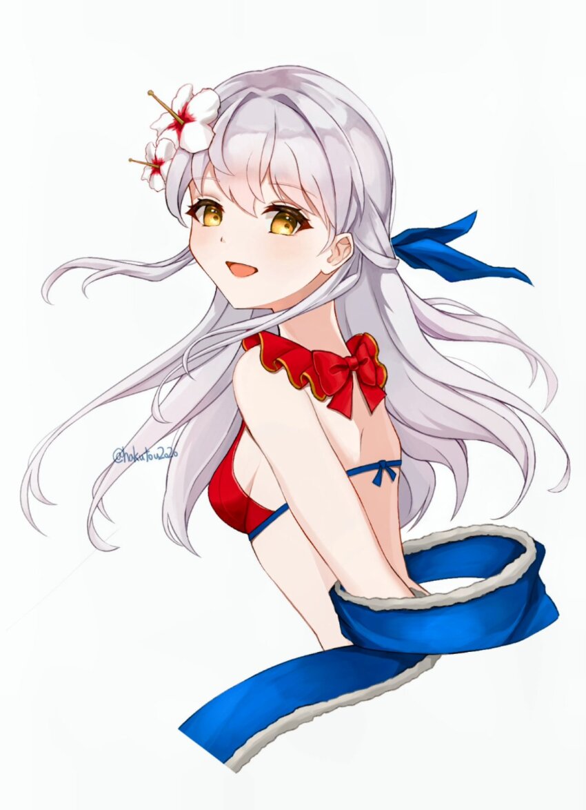 1girl :d back bikini breasts commentary fire_emblem fire_emblem:_radiant_dawn fire_emblem_heroes flower from_side grey_hair hair_flower hair_ornament hakutou2020 highres long_hair looking_at_viewer micaiah_(fire_emblem) micaiah_(wavecrest_maiden)_(fire_emblem) nintendo official_alternate_costume open_mouth red_bikini ribbon simple_background small_breasts smile solo swimsuit symbol-only_commentary twitter_username upper_body white_background yellow_eyes
