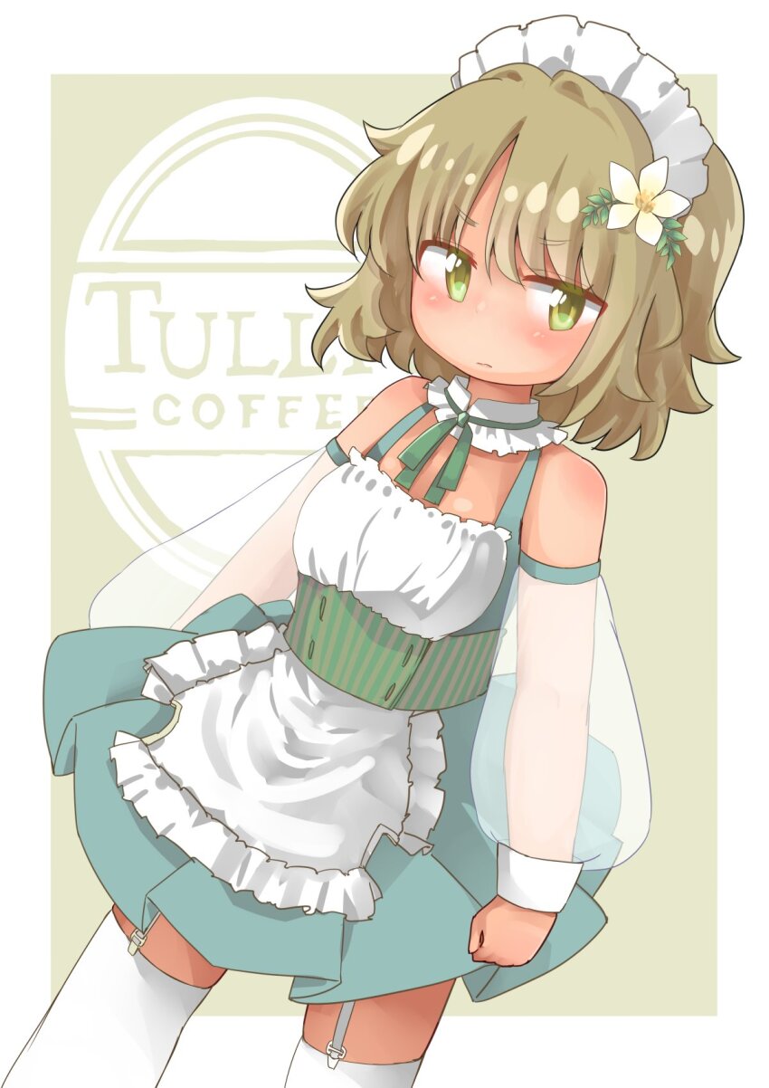 1girl apron aqua_ribbon bare_shoulders blue_dress brown_hair closed_mouth croixsan detached_sleeves dress flower garter_straps grey_garter_straps hair_between_eyes hair_flower hair_ornament highres legs_apart long_sleeves maid_headdress neck_ribbon original puffy_long_sleeves puffy_sleeves ribbon sash see-through_clothes see-through_sleeves short_hair solo standing striped_sash thighhighs tully&#039;s_coffee v-shaped_eyebrows white_apron white_thighhighs yellow_eyes zettai_ryouiki