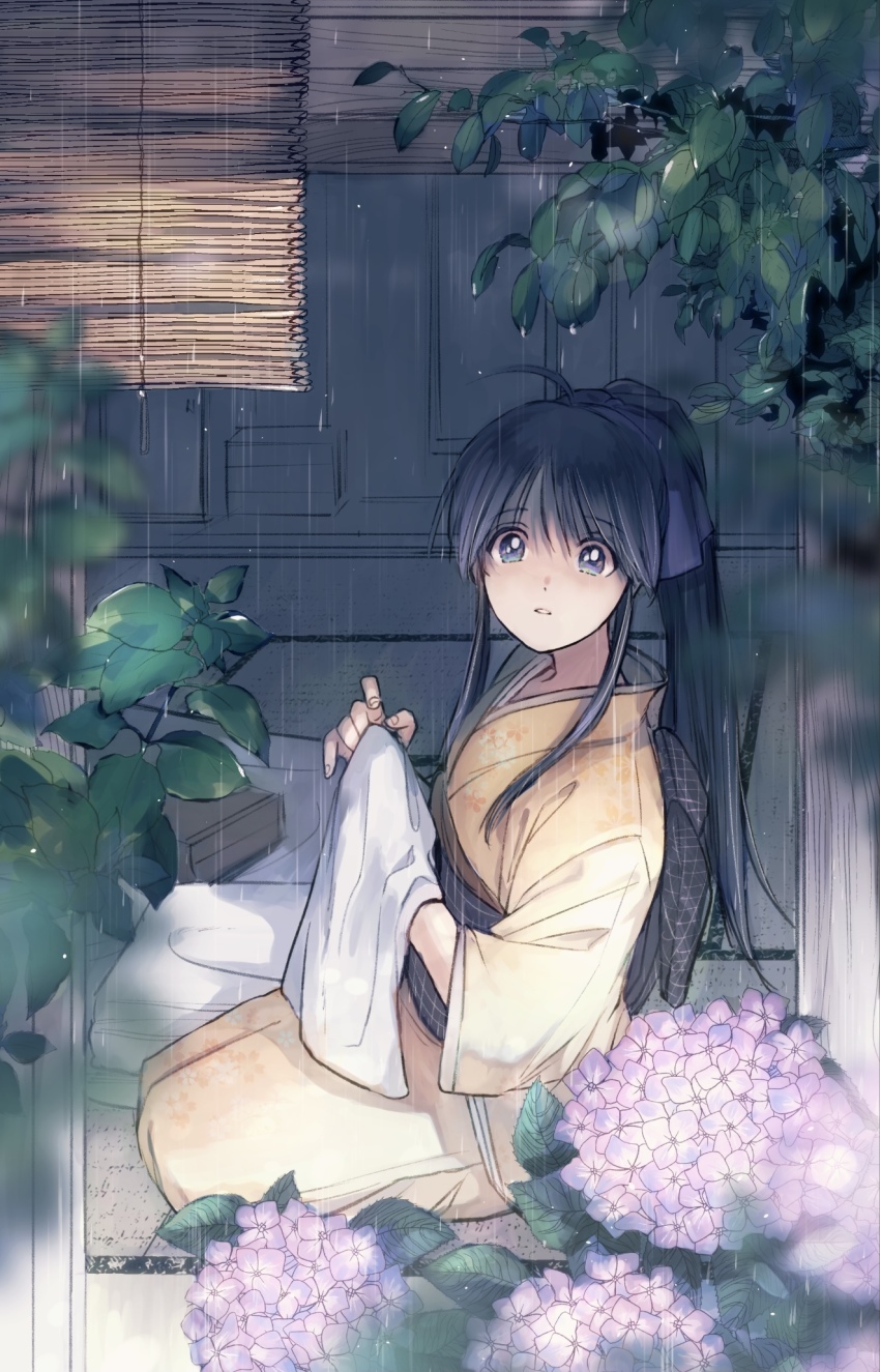 1girl ahoge bamboo_screen black_hair blue_eyes blurry branch commentary_request day depth_of_field flower folded_clothes folding_clothes from_outside from_side hair_ribbon hands_up highres holding holding_unworn_clothes hydrangea japanese_clothes kamiya_kaoru kimono leaf long_hair long_sleeves looking_afar looking_away looking_to_the_side looking_up natsu_mikan_(level9) on_floor open_door parted_lips ponytail purple_flower rain ribbon rurouni_kenshin seiza sitting solo tatami wide_sleeves yellow_kimono