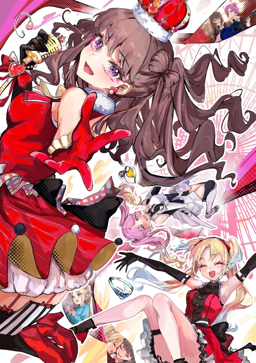 3girls absurdres acoustic_guitar anyoji_hime arched_crown armpits asymmetrical_gloves bare_shoulders black_gloves black_socks black_thighhighs blue_hoodie bow-shaped_hair breasts brown_dress commentary_request crown dress elbow_gloves fanfare!!!_(love_live!) ferris_wheel fingerless_gloves fishnet_socks fishnets fujishima_megumi garter_straps gloves guitar hasu_no_sora_school_uniform heart heart_bracelet heart_ring high_heels highres holding holding_guitar holding_instrument hood hoodie instrument jewelry jin_(oihlf) link!_like!_love_live! long_hair love_live! medium_breasts microphone mira-cra_park! miracreation mismatched_gloves mismatched_thighhighs multiple_girls ornate_ring osawa_rurino osawa_rurino_(winter_loungewear) outstretched_arm outstretched_arms purple_eyes red_crown red_dress red_gloves red_shoes ring school_uniform shoes short_dress silver_ring single_elbow_glove sleeveless sleeveless_dress socks spread_arms teaching thighhighs two_side_up vintage_microphone virtual_youtuber wavy_hair wedding_ring white_thighhighs winter_uniform zenhoi_kyun