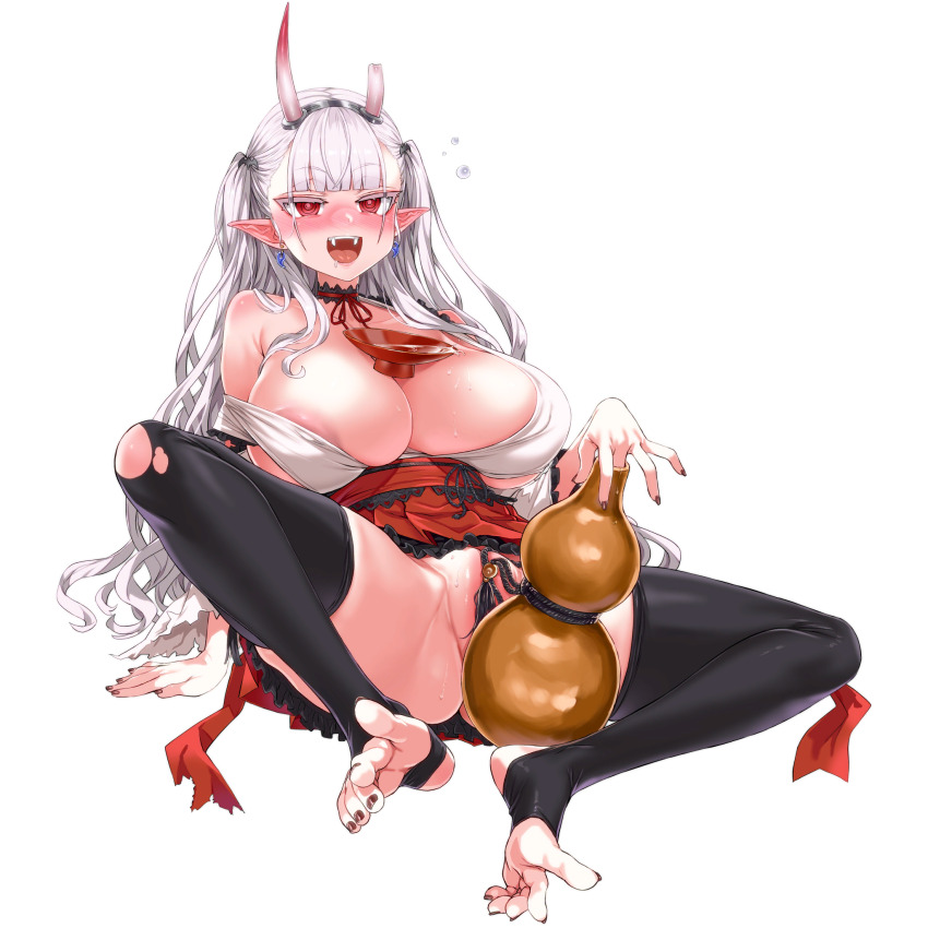 1girl :d @_@ alcohol areola_slip asanagi back_bow bat_hair_ornament black_collar black_thighhighs blush bow breasts broken_horn brown_nails bubble center_opening cleavage collar collarbone convenient_censoring cup detached_collar detached_sleeves draculina_(last_origin) drooling drunk earrings fake_horns fangs feet foot_focus frilled_collar frilled_kimono frilled_skirt frilled_sleeves frills full_body gourd groin_tendon hair_ornament hakama hakama_short_skirt hakama_skirt hand_on_ground highres horns huge_breasts japanese_clothes jewelry kimono large_breasts last_origin long_hair long_sleeves magatama magatama_earrings nail_polish naked_kimono neck_ribbon no_panties nontraditional_miko obi official_alternate_costume official_art oni_costume oni_horns open_mouth partially_visible_vulva pleated_skirt pointy_ears puffy_nipples red_bow red_eyes red_ribbon red_skirt ribbon rope sakazuki sake sash short_kimono simple_background sitting skindentation skirt smile solo spilling spread_legs squeans stirrup_legwear tachi-e tawawa_challenge teeth thick_thighs thighhighs thighs third-party_source toeless_legwear toenail_polish toenails torn_bow torn_clothes torn_thighhighs transparent_background vampire waist_ribbon wet white_hair white_kimono