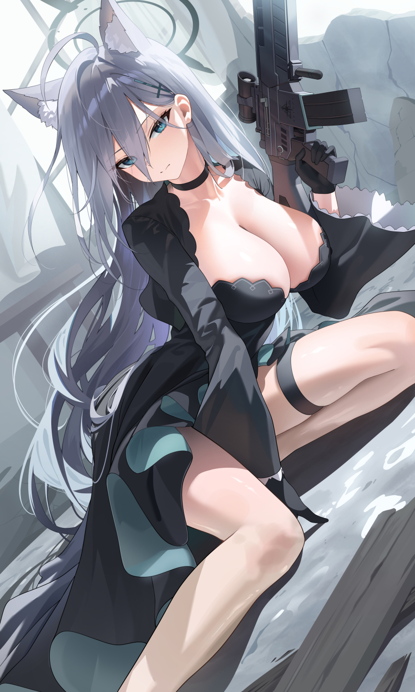 1girl absurdres ahoge animal_ear_fluff animal_ears aqua_eyes assault_rifle black_choker black_dress black_gloves black_jacket blue_archive breasts broken_wall choker collarbone cross_hair_ornament curtains dress dutch_angle extra_ears gloves grey_hair gun hair_ornament halo highres holding holding_gun holding_weapon jacket kneeling large_breasts long_hair looking_at_viewer manda_(luts7602) mismatched_pupils rifle shiroko_(blue_archive) shiroko_terror_(blue_archive) sig_sauer sig_sauer_556 solo straight_hair thigh_strap very_long_hair weapon wolf_ears